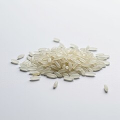 A close-up shot of dry, uncooked white rice grains scattered sparsely on a bright, minimalist white background, emphasizing texture and purity ,white ,background ,grain