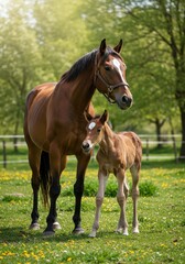 A beautiful mare standing protectively beside her newborn foal in a lush green pasture bathed in bright sunlight during the spring season ,new life ,farm ,birth