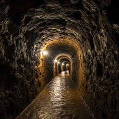 A deep, winding pathway carved through solid rock underground, illuminated by artificial lights, showing damp walls and geological formations ,shaft ,damp ,mineral