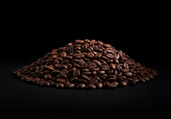 A large, richly textured heap of dark roasted coffee beans centrally positioned and dramatically lit against an isolated, solid black background ,natural ,backdrop ,caffeine
