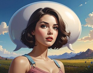 A woman with a thought bubble in front of a landscape