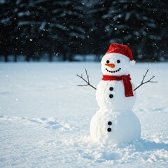 Obraz premium Traditional snowman wearing an orange carrot nose, black coal eyes, and a festive red scarf in a snowy winter field ,festive ,carrot ,purity