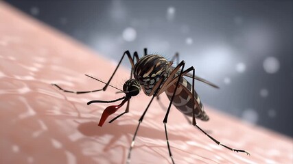 Close-up 3D animation of a mosquito piercing human skin to feed on blood depicting the dangerous process of disease transmission by these prevalent insects