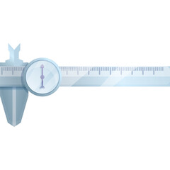 Detailed scientific illustration of a caliper tool with a clear measuring scale and a circular dial gauge in a bright studio setting on a transparent background