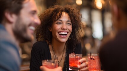 A woman with curly hair laughing at a bar with two men, holding a red cocktail and a glass of water.
