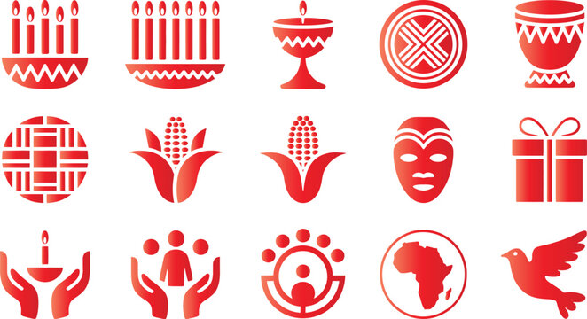 Red kwanzaa symbols including candles corn and african map