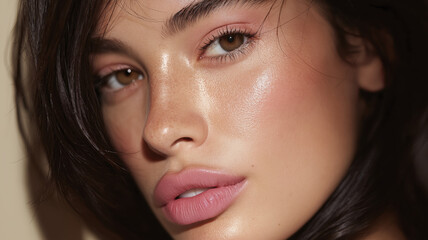 Obraz premium Close up portrait natural beauty soft light dewy skin pink lips brown eyes freckles smooth skin feel calm