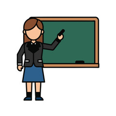 Cartoon female teacher in a suit pointing with chalk at a green school chalkboard.