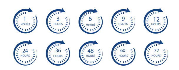Hour timer icon set. 1, 3 6 9  , 12, 24, 36 48, 72 hours icon. Clock showing 12 and 6 hours, for sale and fast delivery logo.  Hour icon set Fast delivery. 