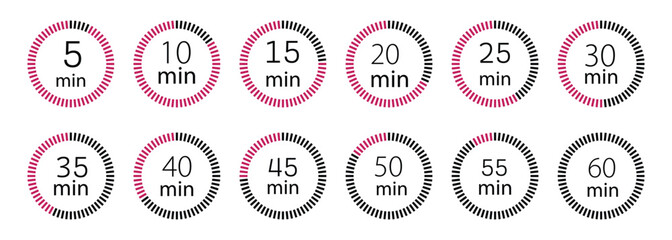 Minimalist circular countdown timer icons showing intervals from 5 to 60 minutes and seconds. Minimalist circular countdown timer. Chronometer deadline, stopwatches icons in circle shape.  