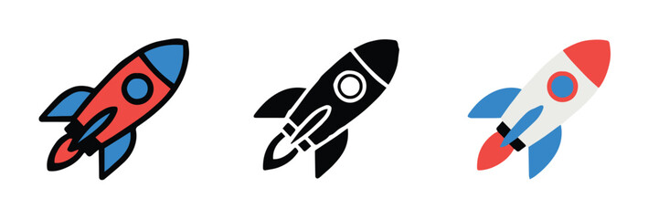 minimal rocket vector pack outline black silhouette and colorful rocket with flame flat icon set for apps