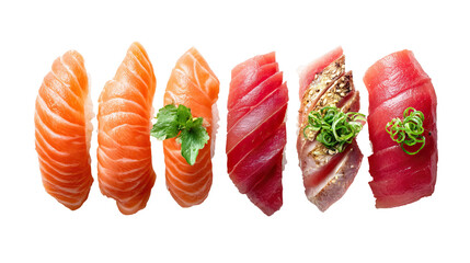 Flat lay of salmon nigiri and tuna sashimi luxury Japanese cuisine on transparent background