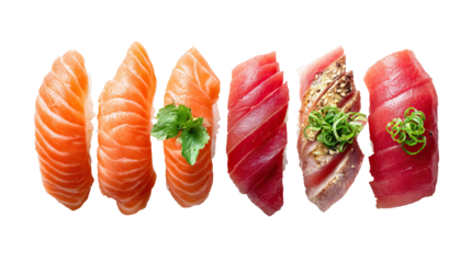 Flat lay of salmon nigiri and tuna sashimi luxury Japanese cuisine on transparent background