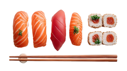 Flat lay of salmon nigiri and tuna sashimi luxury Japanese cuisine on transparent background
