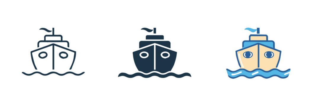 ship icon collection front view outline navy and colorful variants flat vector set for logos and interfaces
