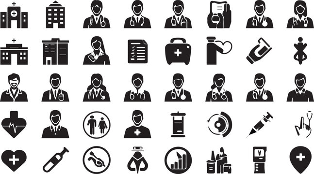 Healthcare and medical glyph icons in solid black style. The icons include doctors, nurses, hospitals, medical tools, syringes, reports, first-aid kits, and health symbols.