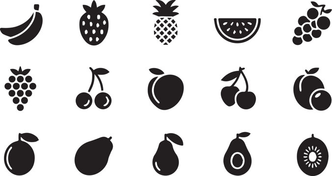 A collection of black fruit glyph icons featuring bananas, pineapple, watermelon, grapes, strawberry, cherries, mango, pear, avocado, and kiwi &mdash; simple vector silhouettes on a white background.