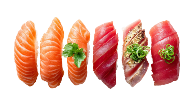 Flat lay of salmon nigiri and tuna sashimi luxury Japanese cuisine on transparent background - Powered by Adobe