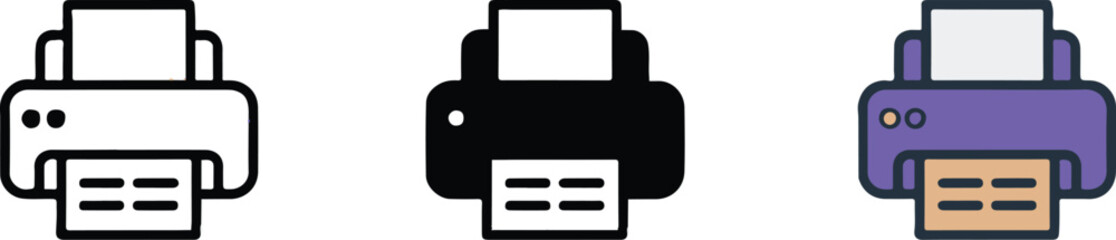 printer icon trio outline silhouette and flat color purple printer with paper vector ai eps jpeg png for interfaces
