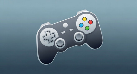 Illustration of a black game controller with colorful buttons, a modern input device for video games on a blue gradient background