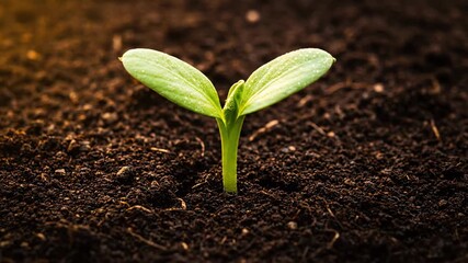 Beautiful time-lapse sequence showcasing a vibrant green seedling slowly emerging from fertile soil and unfurling its leaves, representing natural development nature, natural process, progress