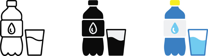 stylized water bottle and glass icon set vector outline silhouette and colored versions for branding and ui