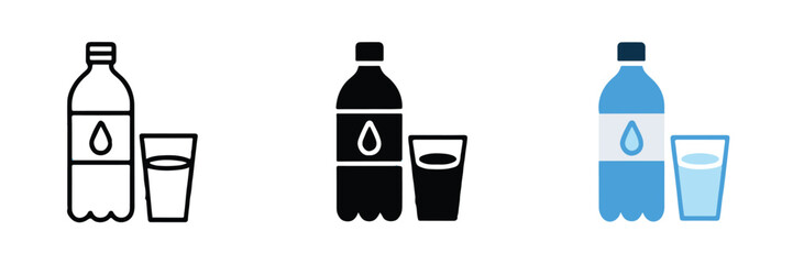 minimal water bottle with droplet and glass vector icons set outline silhouette and blue colored illustration