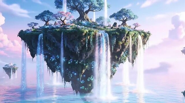 Enchanted Floating Island with Cascading Waterfalls