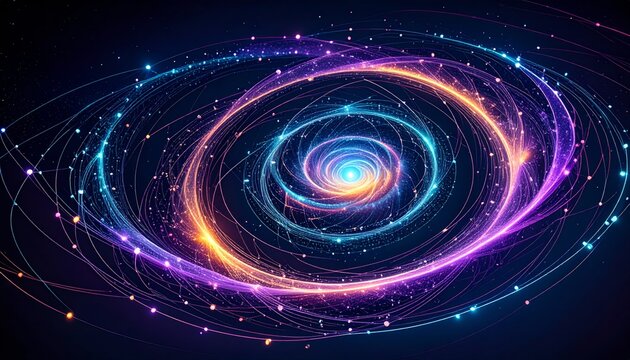 Luminous Cosmic Vortex of Interconnected Neon Light and Digital Particles - Powered by Adobe