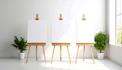 Three blank canvases on easels in a bright studio with natural light and plants.