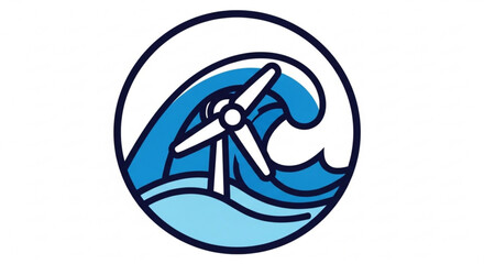 Wave energy concept with a wave and turbine inside a circle, symbolizing renewable energy and power generation from the ocean