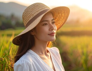 Asian woman wearing a straw hat, bathed in warm golden light