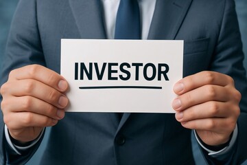 A businessman holding a card with the word 'Investor' in bold, symbolizing investment opportunities and financial expertise.