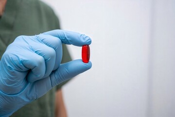 Person holding a red capsule with blue gloved hand against a plain background, emphasizing medical context and focus on the pill. Copy space