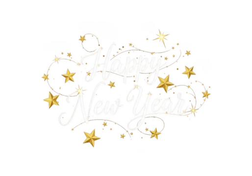 Elegant happy new year text with golden stars isolated on transparent background