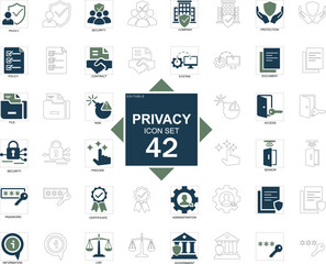 Privacy and Data Protection icon set featuring security, password, file, policy, and information safety concepts. Editable line vector illustration for business, technology, and cybersecurity projects
