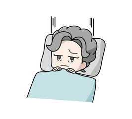 布団のなかで泣いている高齢女性のイラスト