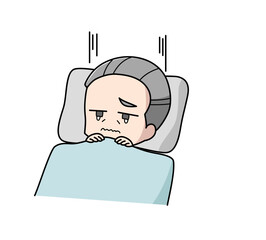 布団のなかで泣いている高齢男性のイラスト