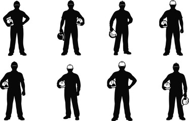 Construction worker silhouettes holding safety helmets, standing posture, industrial labor concept, engineering illustration, teamwork and protection design for construction projects