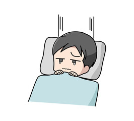 布団のなかで泣いている男性のイラスト