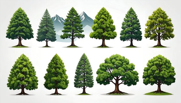 A collection of diverse, stylized tree illustrations in varying shapes and shades of green