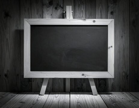 An empty chalkboard on a wooden easel, set against a wooden wall