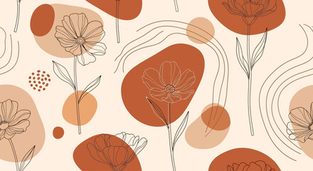 Minimal boho spring pattern line flowers, terracotta and beige tones, modern abstract composition