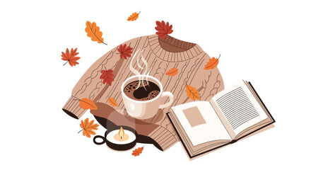 Trendy flat vector of autumn picnic blanket, thermos, fruits, pumpkin pie