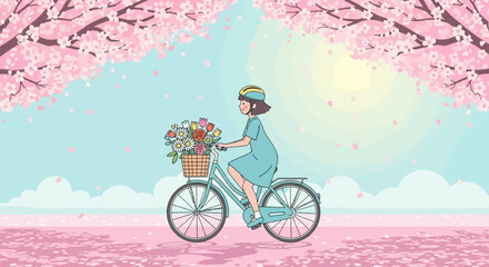 Modern flat design of girl riding bicycle with flower basket under cherry blossoms, pastel aesthetic vector illustration, sunny spring vibe