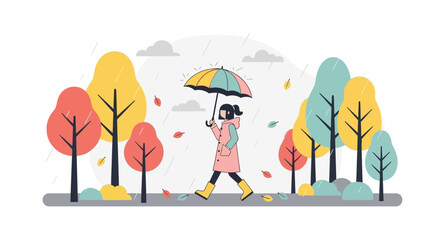 Modern vector flat design of a girl walking with umbrella on a rainy autumn day, colorful trees, falling leaves, clean background, pastel tones
