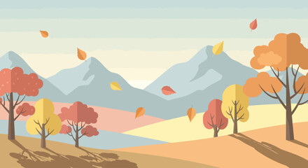 trendy flat design autumn landscape with colorful trees, mountains, and falling leaves