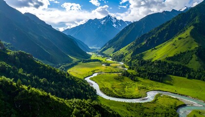A high-angle view of a serene mountain valley with a winding river and lush green meadows
