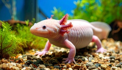 Obraz premium Close-up of a light pink axolotl in an aquarium