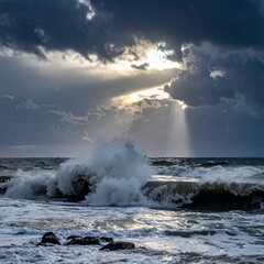 dramatic seascape of powerful ocean waves crashing on rocks under dark storm clouds with sunlight breaking through sky
